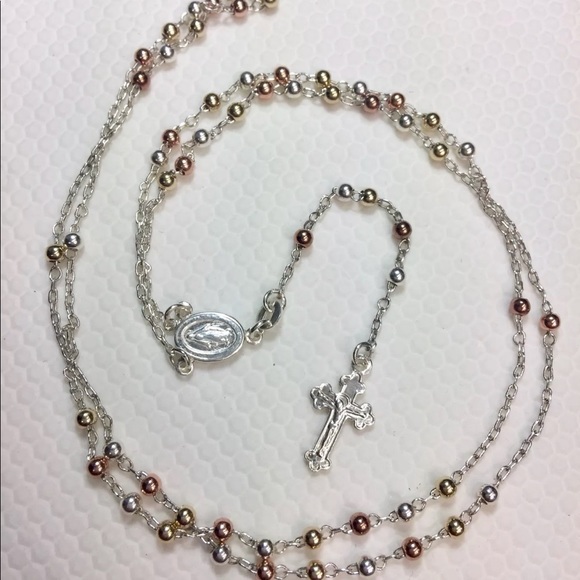 Catholic Gold on Silver Rosary Bead Necklace - Picture 1 of 4